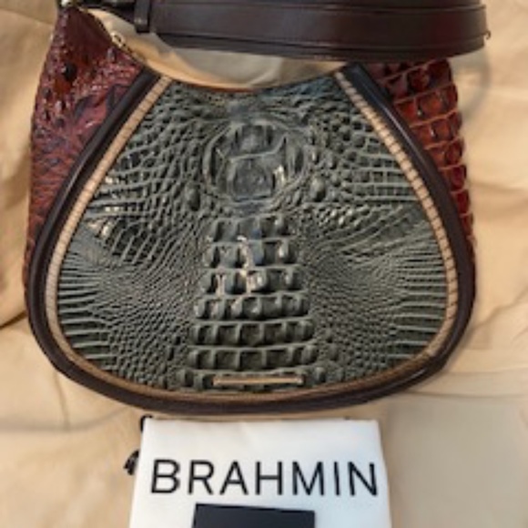 Brahmin Rare Gold trimmed Amira Melbourne Embossed Leather Pecan & Smoke Grey - Picture 1 of 4